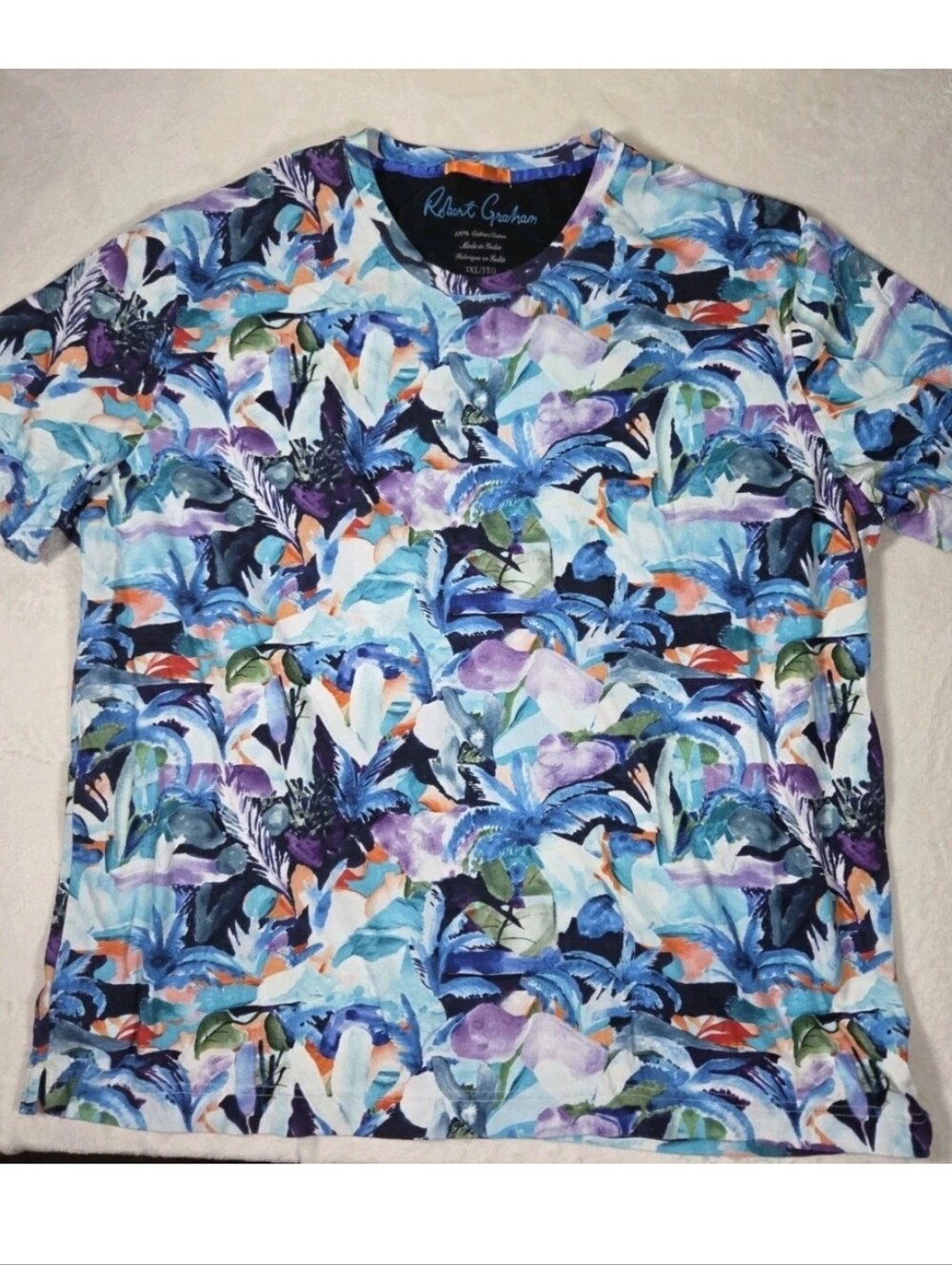 Robert Graham Men's Haukland Beach Tropical Palm T-Shirt Blue Purple - Size 3XL